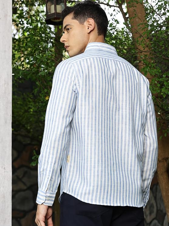 Thomas Scott Men's | Stripes | Full Sleeve | Regular Fit | Linen Blend | Spread Collar | Casual Shirt