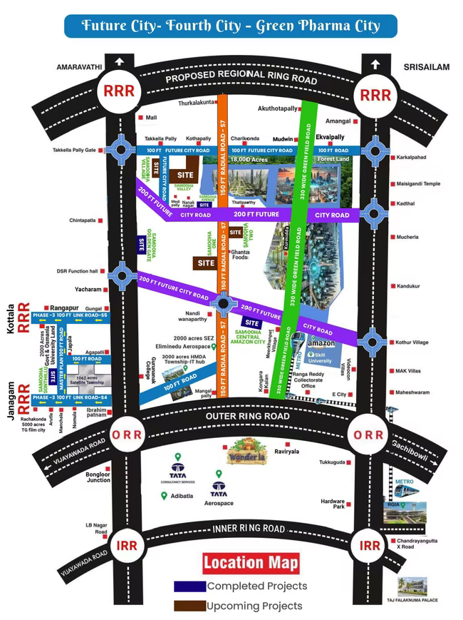 Future City - Fourth City - Green Pharma City with road names and project locations.